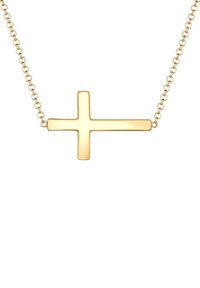 Halskette aus goldfarbenem Metall mit einem flachen, minimalistischen Kreuzanhänger; glatte Oberfläche, geometrische Form und verbundene Kettendetails.