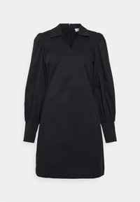 Vestido preto com decote em V e colarinho, apresentando mangas bufantes e corte reto. Feito de tecido suave com fecho de correr na parte de trás.