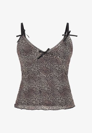 Ärmelloses Leopardenmuster-Camisole mit schwarzen verstellbaren Trägern und kleinen schwarzen Schleifen vorne und an den Trägeransätzen.
