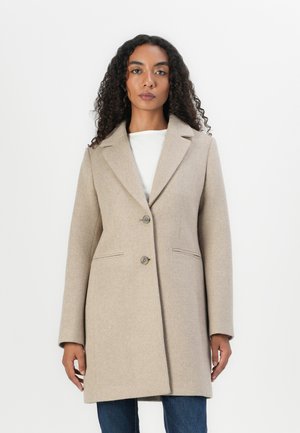 Manteau en mélange de laine beige avec un col cranté, deux boutons et des poches latérales. Caractéristiques : coupe ajustée et texture lisse et douce.