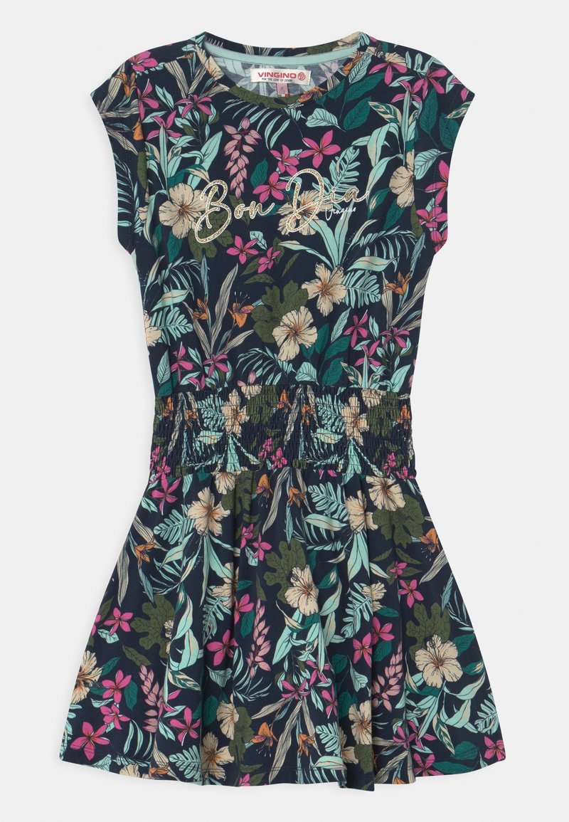 Robe bleu marine pour fille avec manches courtes, imprimé fleuri en rose, vert, beige et texte "Bon Dia" en paillettes dorées sur la poitrine.