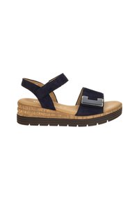 Sandale bleu marine à bout ouvert avec brides réglables, semelle compensée en liège et boucle argentée décorative sur la bride avant.