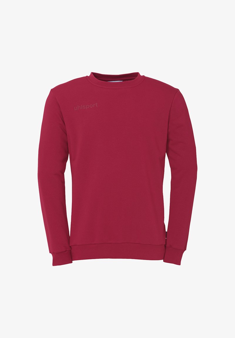 Sweatshirt rouge à manches longues, col rond et poignets côtelés. Présente un logo subtil en gris sur le coin supérieur gauche à l'avant. Texture douce.