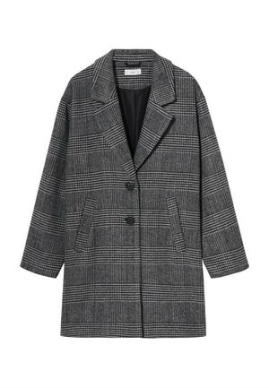 Cappotto in misto lana grigio e nero a quadri con ampi revers, due bottoni neri e tasche anteriori a filetto, mostrato su sfondo bianco.