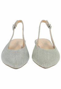 Ballerines argentées texturées avec un bout pointu, sangle ajustable à la cheville et doublure intérieure lisse. Subtile motif tissé à l'extérieur.
