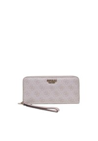 Light pink wallet with a textured surface, featuring a logo pattern, a wrist strap, and a metallic logo accent on the front.