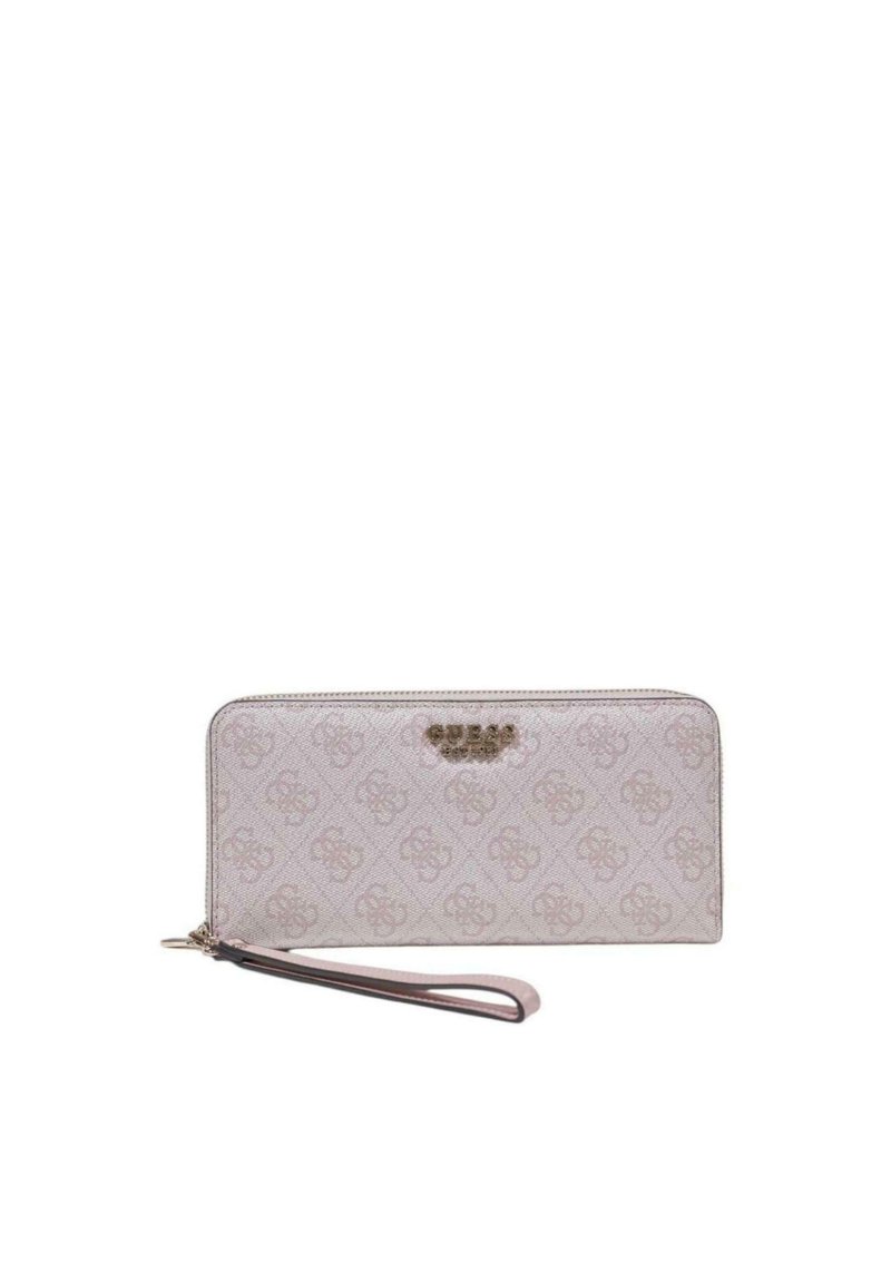 Light pink wallet with a textured surface, featuring a logo pattern, a wrist strap, and a metallic logo accent on the front.