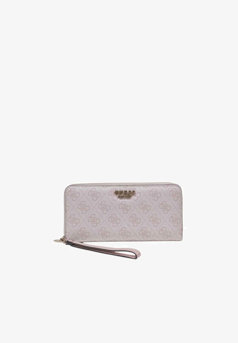 Light pink wallet with a textured surface, featuring a logo pattern, a wrist strap, and a metallic logo accent on the front.