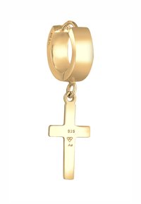 Orecchino ad anello placcato in oro con un ciondolo a croce lucidata sospeso, contrassegnato "925" per il contenuto di argento, caratterizzato da superfici lisce e un design semplice.