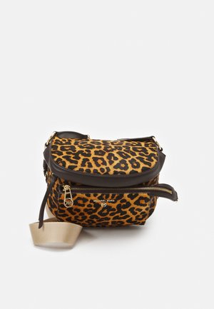 Compact Michael Kors crossbody bag with leopard print fabric, black leather trim, gold zipper, and beige adjustable strap on white background.