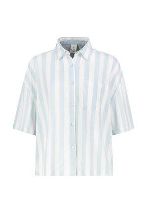 Hellblau-weiß gestreiftes Kurzarmhemd mit vertikalen Streifen, vorderen Knöpfen, spitzem Kragen und linker Brusttasche.