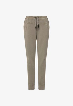 Light grey sweatpants made of soft material, featuring an elastic waistband with drawstring, two side pockets, and tapered ankles.