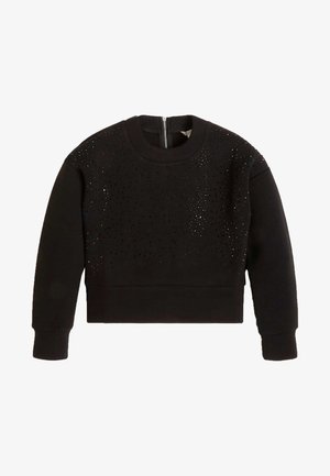 Sudadera negra de manga larga recortada, con panel frontal perforado, cierre trasero con cremallera, cuello redondo, y puños y dobladillo acanalados.