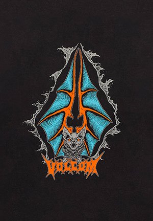 Black t-shirt featuring a graphic design of bat wings in turquoise and orange, with a detailed bat illustration below and bold "Volcom" text.