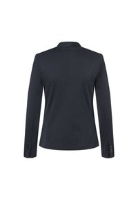 Mørkeblå skræddersyet blazer med lange ærmer, krave med hak og knapdetaljer på ærmerne, med en tekstureret overflade.