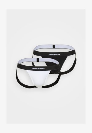 Duas pares de cuecas de homem, uma branca e uma preta. Cada uma apresenta cinturas elásticas com o logótipo "DSQUARED2" e um design de cobertura mínima.