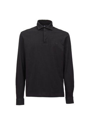 Black long-sleeve polo shirt made of cotton, featuring a buttoned collar, single button closure, and a small logo on the left chest.
