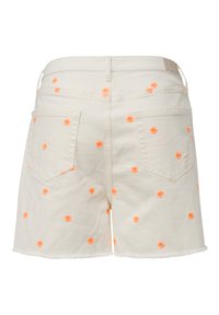 Białe szorty dżinsowe z pomarańczowym haftem w kwiaty. Charakteryzują się postrzępionym dołem oraz dwoma tylnymi kieszeniami. Prosty i swobodny design.