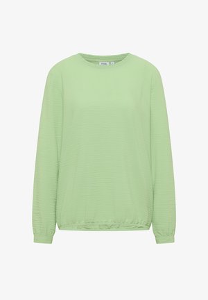 Hellgrünes Langarmshirt mit strukturiertem Stoff, rundem Ausschnitt sowie elastischen Bündchen und Saum. Keine auffälligen Verzierungen.