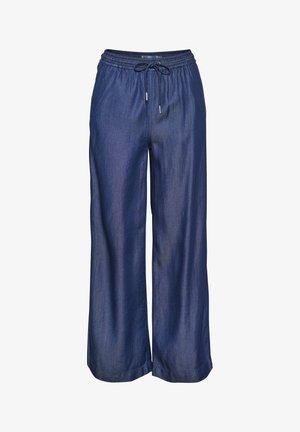 Tumedate denim püksid, laia säärega, elastse vöökoha ja reguleeritava tõmbluku nööriga. Sile tekstuur ja nähtavaid kinnitusdetaile pole.