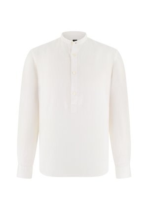 Camisa blanca de manga larga con cuello mao y tapeta con tres botones, con puños abotonados y dobladillo recto.
