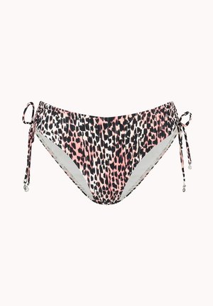 Pink-schwarze Leopardenmuster-Bikinihose mit verstellbaren Seitenschnüren, die in kleine Metallperlen enden, auf weißem Hintergrund.