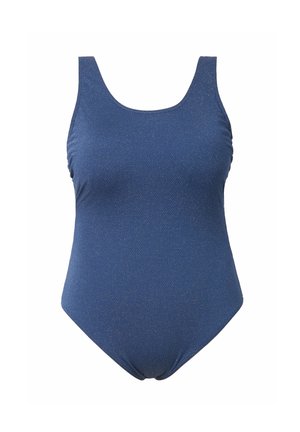 Maillot de bain une pièce bleu foncé avec un motif texturé, encolure dégagée et détails froncés sur les côtés. Le tissu semble léger et flexible.