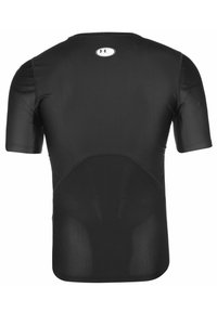 Sort kortærmet atletisk kompressionstrøje med mesh-paneler på den nederste ryg og et lille hvidt Under Armour-logo nær halsen.