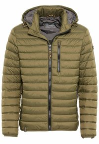 Olivgrüne gepolsterte Jacke mit Kapuze, ausgestattet mit einem Reißverschluss vorne, zwei Reißverschlusstaschen und gerippten Bündchen; glatte Textur, synthetisches Material.