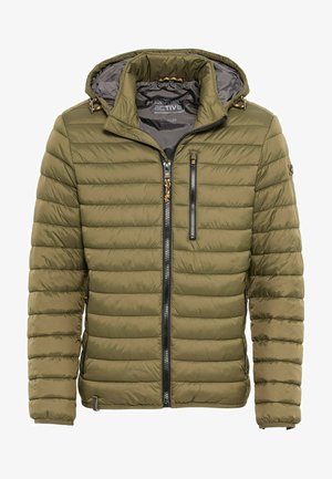 Olijfgroen gewatteerd jack met een capuchon, voorzien van een rits aan de voorkant, twee ritszakken en ribgebreide manchetten; gladde textuur, synthetisch materiaal.