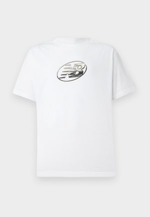 White cotton t-shirt featuring a metallic silver oval logo with stylized lettering and a star, short sleeves, and a crew neckline.