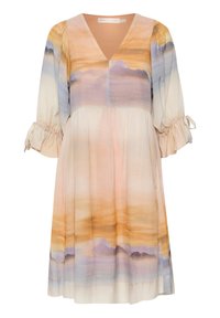 Robe à motifs floraux en tissu doux. Dotée d'un décolleté en V, de manches bouffantes avec cordon de serrage, et d'un ourlet fluide passant des teintes pastel aux tons terre.