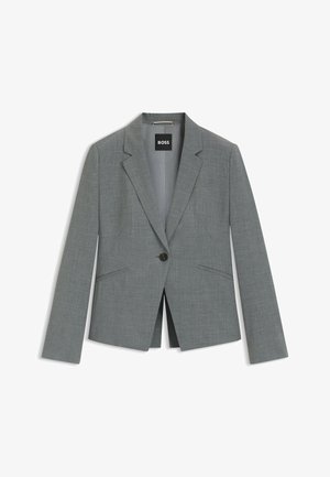 Grey blazer with a subtle pattern, tailored design, single button closure, notch lapels, and two front pockets.