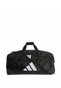 Čierna taška typu duffel vyrobená z odolnej tkaniny, s veľkým bielym logom, dvomi rukoväťami a nastaviteľným ramenným popruhom pre všestranné nosenie.