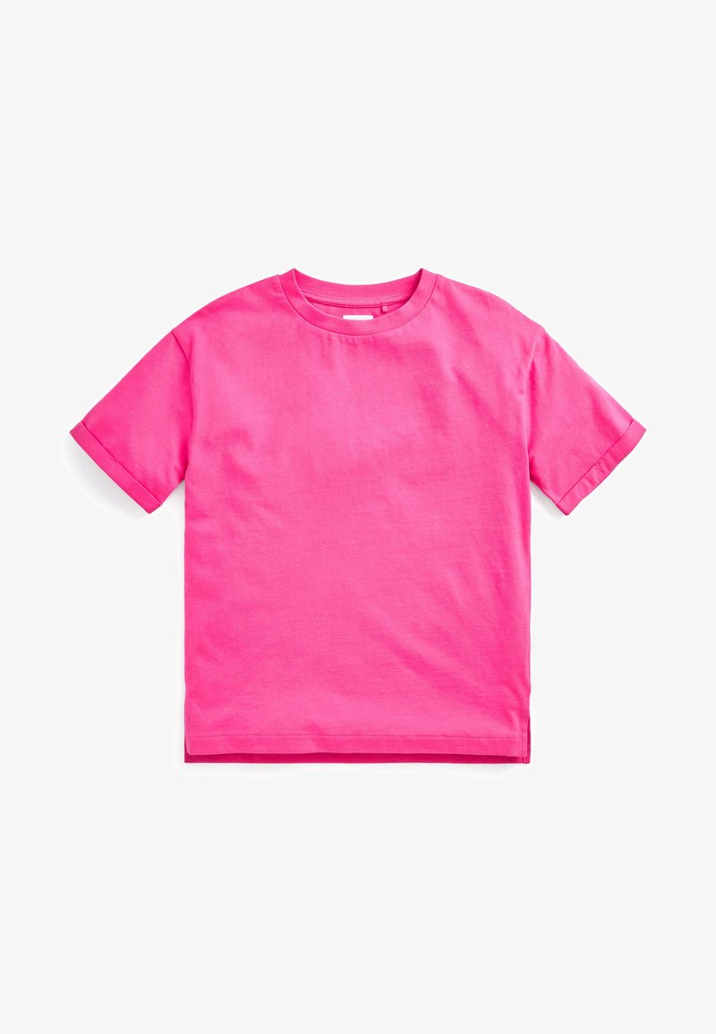 Kortærmet T-shirt i lys pink bomuld, med en rund halskæde og foldede ærmer. Glat tekstur med jævn syning.