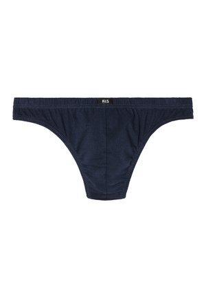 Navy blue men's bikini brief underwear with elastic waistband and small black label featuring white "H.I.S" logo at center front.