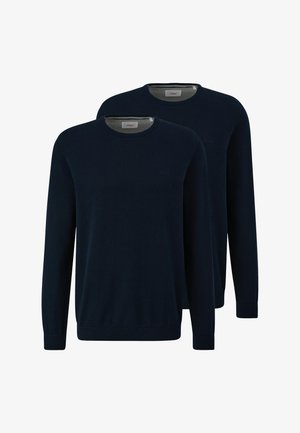 Due maglioni girocollo di colore blu navy scuro, semplici, con maniche lunghe, polsini e orlo a coste, sovrapposti su uno sfondo bianco.