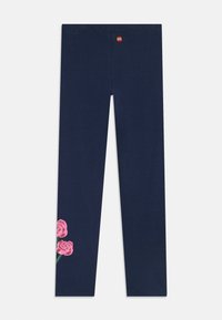 Marineblaue Leggings mit kleinem LEGO-Logo am Bund und rosa Rosenmotiv nahe dem unteren Ende des linken Beins.
