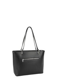 Czarna torba typu tote wykonana ze skóry syntetycznej z dwoma długimi uchwytami, przednią kieszenią na suwak i gładką fakturą. Prostokątny kształt z czystymi liniami.