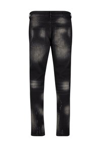Czarne dżinsy z denimu o wyblakłym i przetartym wzorze, z pięcioma kieszeniami oraz standardowym pasem, w wąskim kroju.