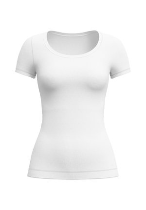 Witte nauwsluitende dames T-shirt met korte mouwen en een ronde hals, afgebeeld tegen een effen witte achtergrond.