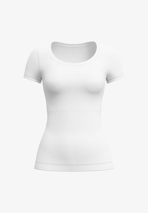 T-shirt bianca aderente da donna con maniche corte e scollo rotondo, mostrata su uno sfondo bianco uniforme.