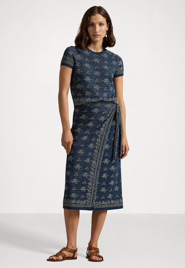 FLORAL KNIT COTTON WRAP SKIRT - A-line skirt - dark indigo2