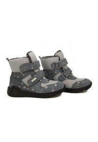 Blaue und graue Stiefel mit silbernen Sternmustern, aus einer Mischung aus weichem Stoff und Wildleder, mit Klettverschlüssen und Gummisohlen.