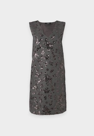 Abito grigio senza maniche con scollatura a V, decorato con paillettes scure in motivi floreali, caratterizzato da tessuto testurizzato e orlo all'altezza del ginocchio.