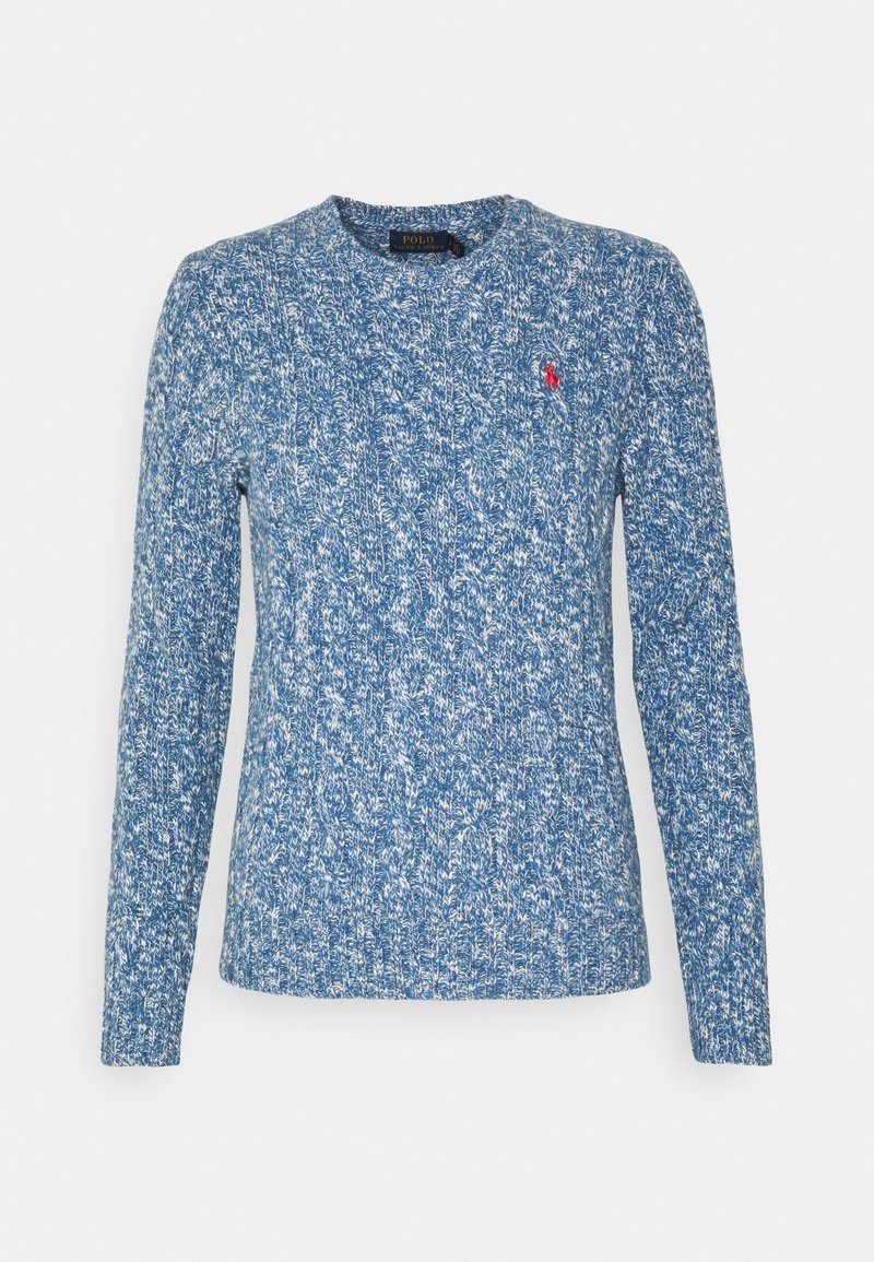 Maglione blu lavorato a maglia con un motivo testurizzato, collo a polo e maniche lunghe. Presenta un piccolo logo rosso sul petto sinistro.