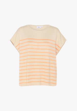 Krēmkrāsas īsām piedurknēm topiņš ar horizontālām oranžām svītrām. Mīksta adīta materiāla, brīvs piegriezums, apaļa kakla izgriezuma un nolaididas plecu daļas.