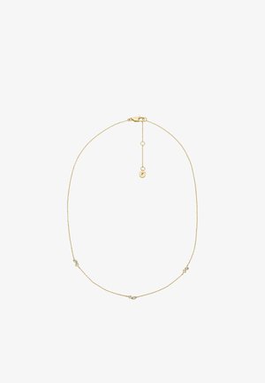 Gold chain necklace featuring delicate links, small accent crystals, and a secure clasp with an extending chain for adjustable length.