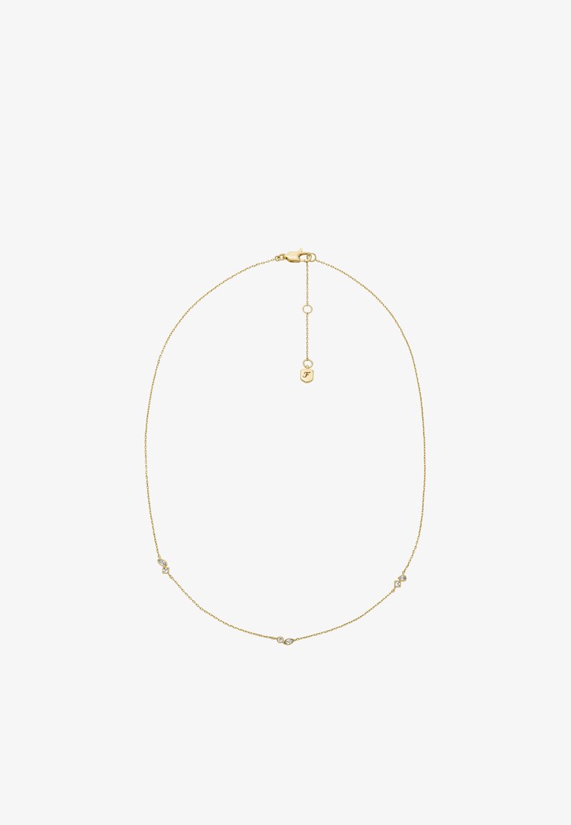 Collier en chaîne dorée avec des maillons délicats, de petites cristaux en accent et un fermoir sécurisé avec une chaîne prolongée pour un ajustement de la longueur.