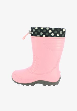Botte en caoutchouc rose avec un tige texturée, doublure à pois noirs et un cordon de serrage en haut. Présente une semelle extérieure grise robuste pour une meilleure adhérence.